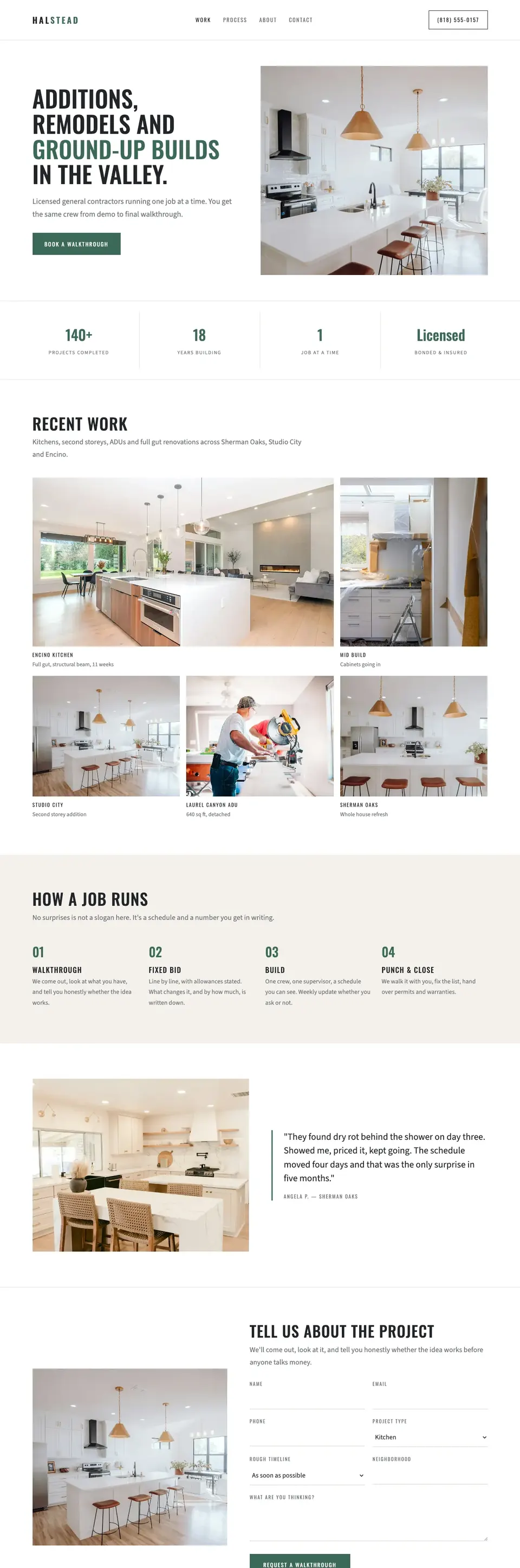 Sample website for a remodeling contractor, with recent projects and a walkthrough request