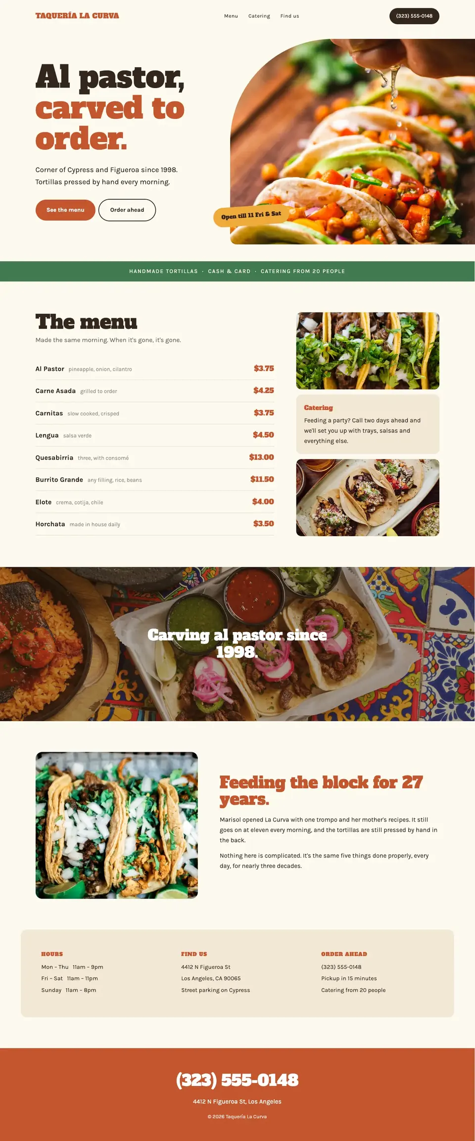 Sample one-page website for a taqueria, with the menu up top