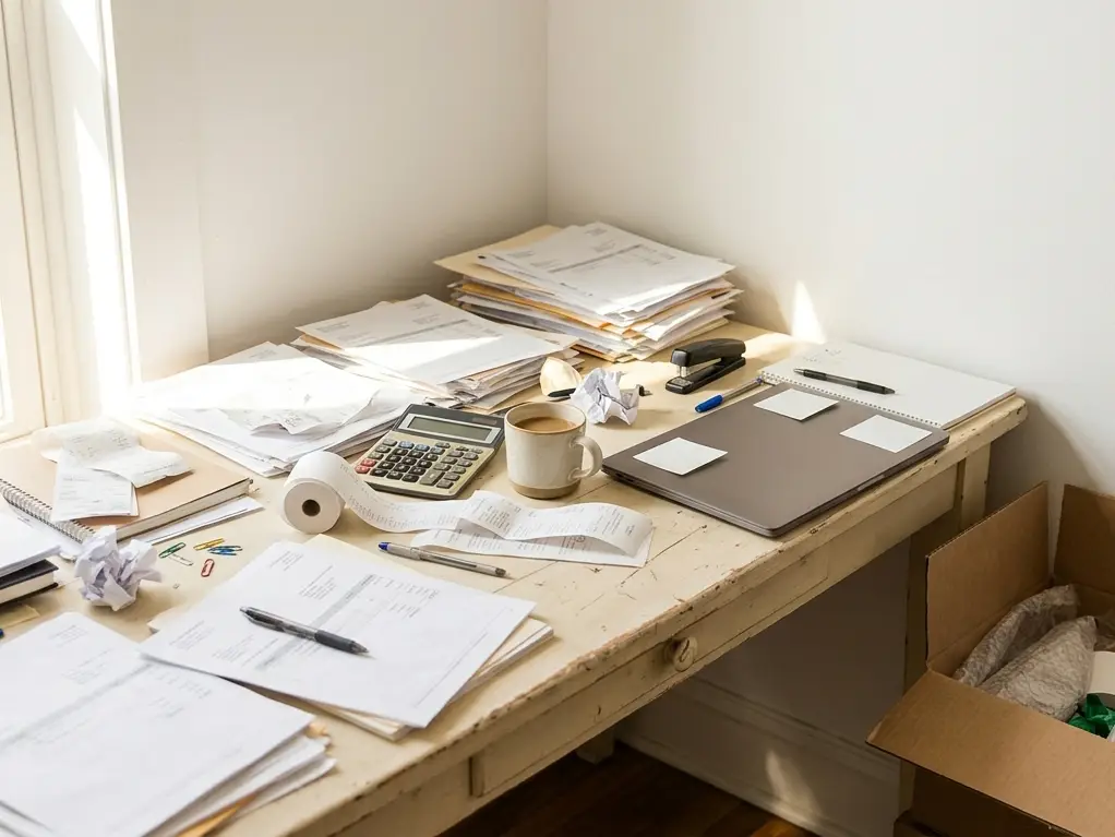 A desk buried in paperwork, receipts and a calculator